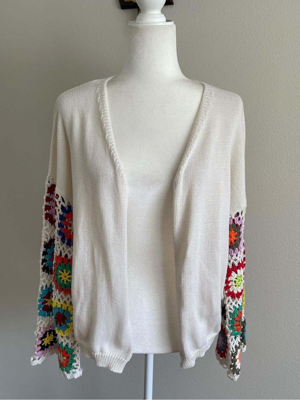 Women's Cream Open-Front Sweater Cardigan with Colorful Crochet Sleeves